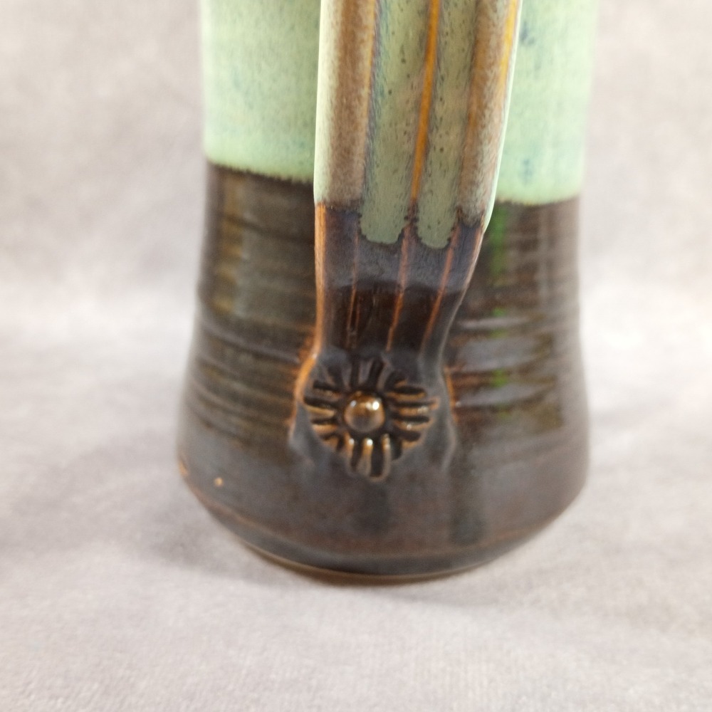 Hand Thrown Studio Art Pottery Mug Celedon & Brown Glazed 16oz Signed 6" Tall - Picture 4 of 9